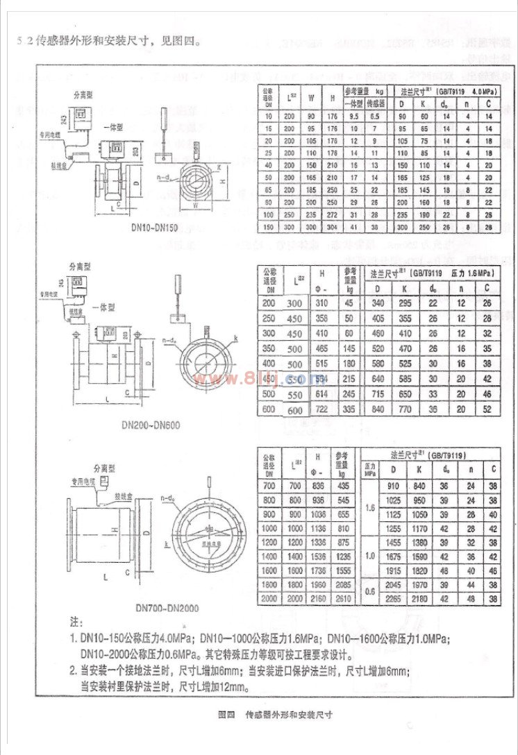 電磁流量計傳感器外形及安裝尺寸